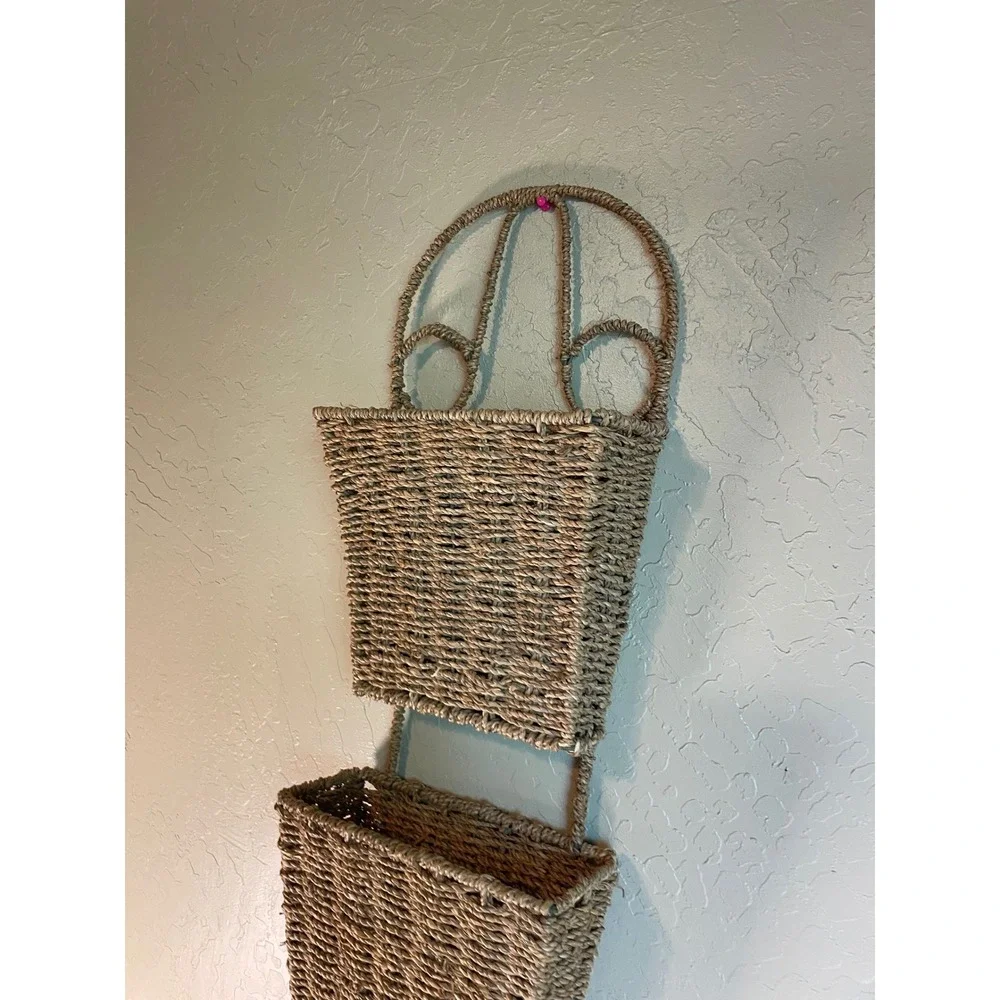 Vintage Woven Seagrass 2 Tier Wall Hanging Basket Organizer Natural Boho Storage